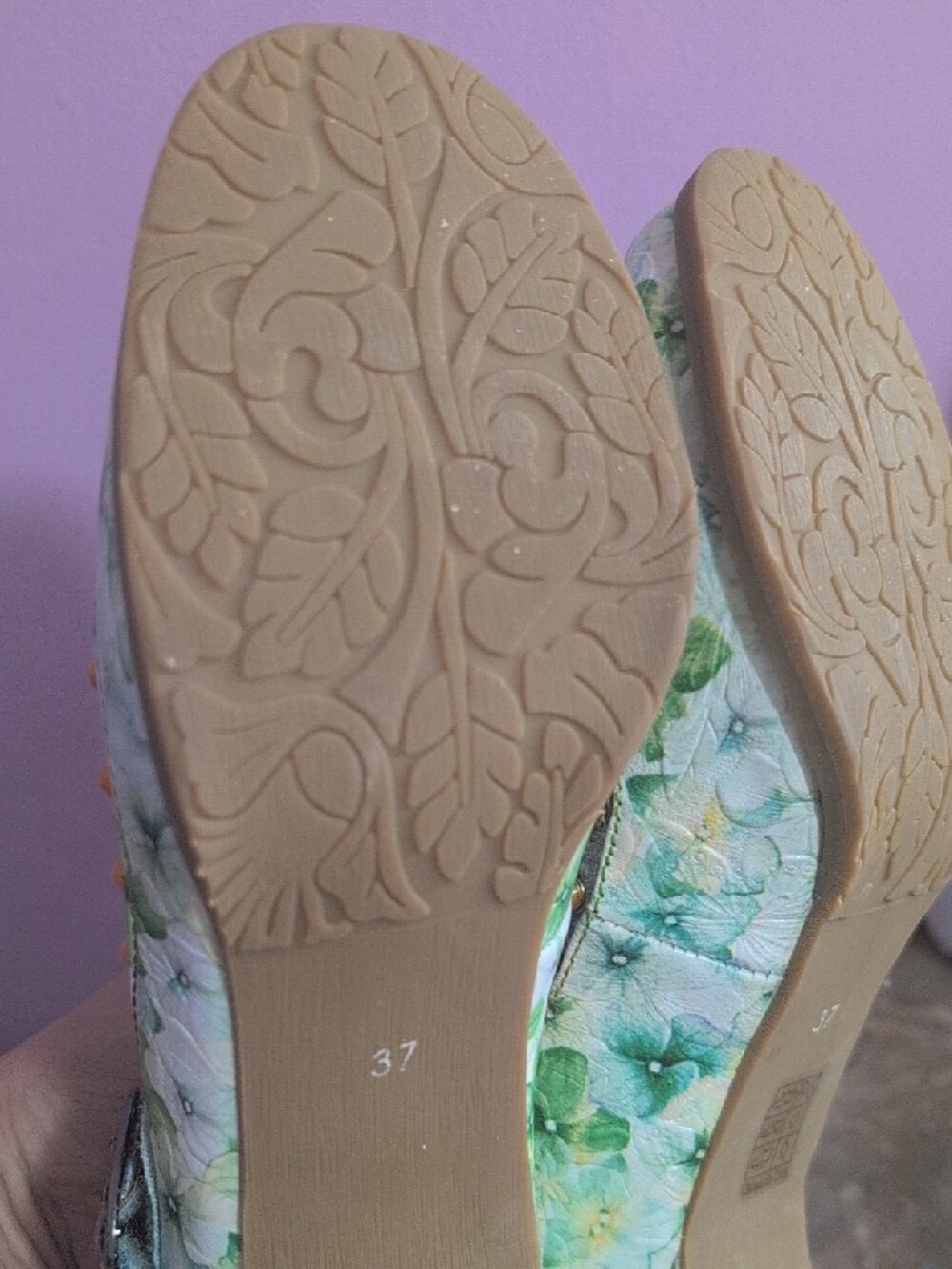 Floral Multi-Tone Mary Jane Heels with Decorative Buckle - Picture 5 of 7